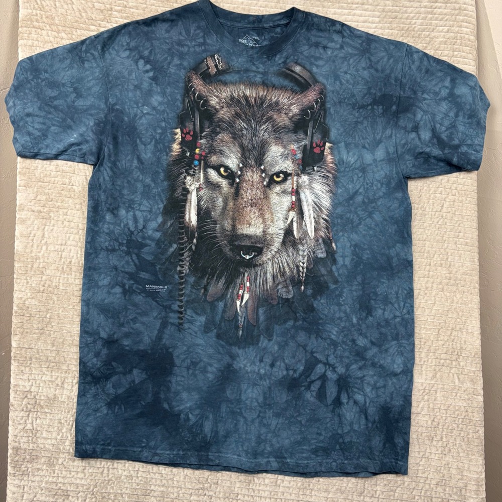The Mountain Manimals Wolf Headphones Tie Dye T-Shirt David Penfound 3XL Blue